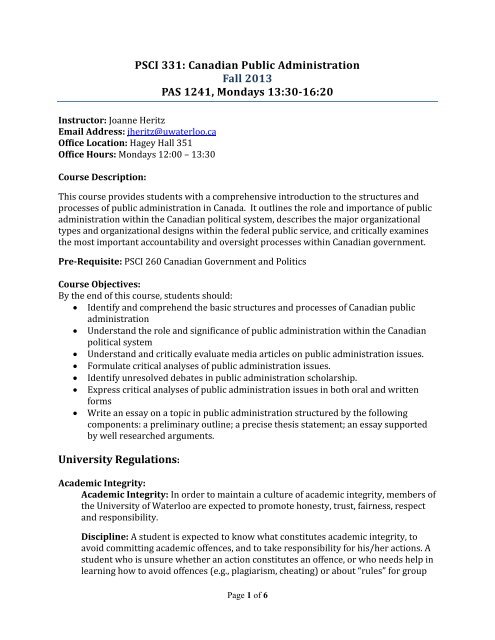 PSCI 331: Canadian Public Administration Fall 2013 PAS 1241 ...