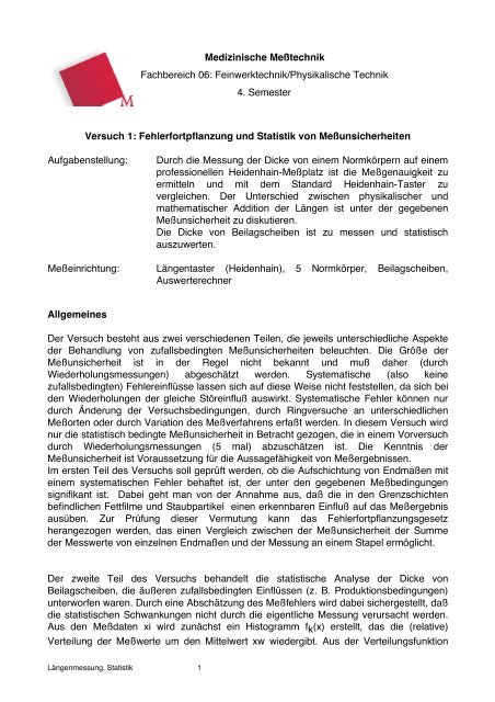 Versuch 1: Fehlerfortpflanzung und Statistik von Meßunsicherheiten ...