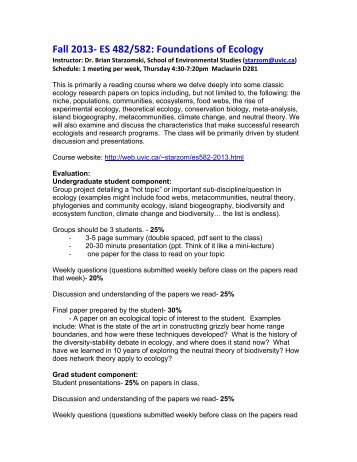 Fall 2013-‐ ES 482/582: Foundations of Ecology - University of Victoria