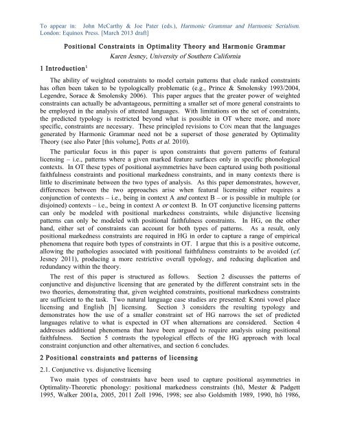 Positional Constraints in Optimality Theory and Harmonic ... - Usc