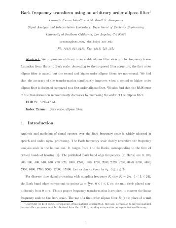 Bark frequency transform using an arbitrary order allpass filter1 1 ...