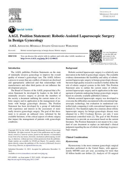 AAGL Position Statement: Robotic-Assisted Laparoscopic Surgery in ...