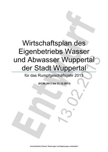 Wirtschaftsplan des Eigenbetriebs Wasser und Abwasser Wuppertal ...