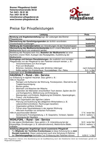 Preise für Privatleistungen - Bremer Pflegedienst