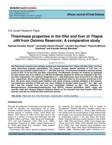 Thiaminase properties in the fillet and liver of Tilapia zillii from ...