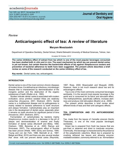 Anticariogenic effect of tea: A review of literature - Academic Journals