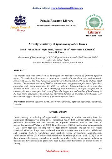 Anxiolytic activity of Ipomoea aquatica leaves - Pelagia Research ...