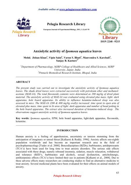 Anxiolytic activity of Ipomoea aquatica leaves - Pelagia Research ...