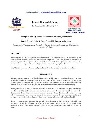 Analgesic activity of aqueous extract of Musa paradisiaca - Pelagia ...