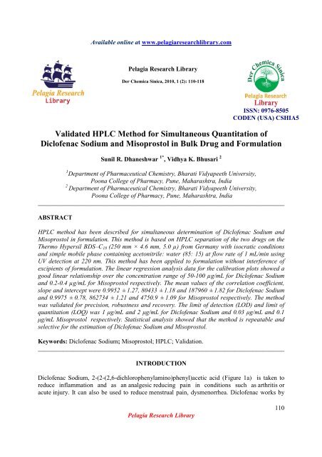 Validated HPLC Method for Simultaneous Quantitation of Diclofenac ...