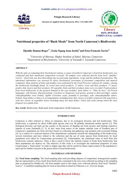 Nutritional properties of “Bush Meals” - Pelagia Research Library