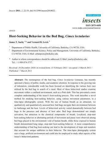 Host-Seeking Behavior in the Bed Bug, Cimex lectularius - MDPI.com