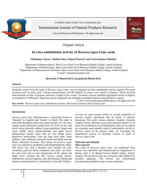 In vitro anthelmintic activity of Brassica nigra Linn ... - URP Journals