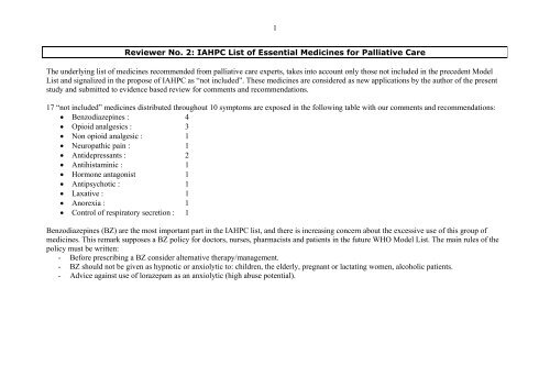 1 Reviewer No. 2: IAHPC List of Essential Medicines for Palliative ...