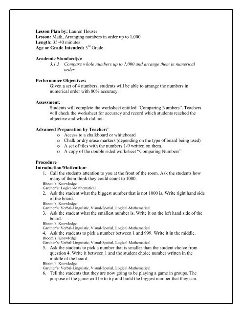 Lesson Plan By Lauren Houser Lesson Math Arranging Numbers 