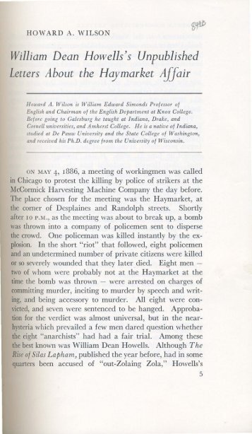 William Dean Howells's Unpublished Letters About the Haymarket ...