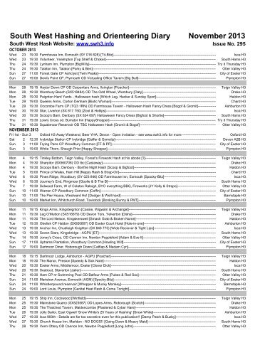 South West Hashing and Orienteering Diary November 2013