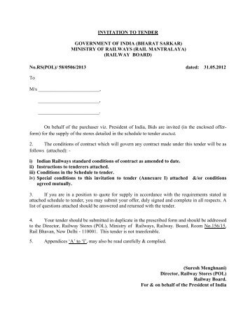 INVITATION TO TENDER GOVERNMENT OF ... - Indian Railway