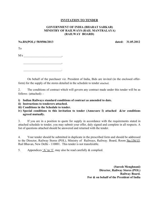 INVITATION TO TENDER GOVERNMENT OF ... - Indian Railway