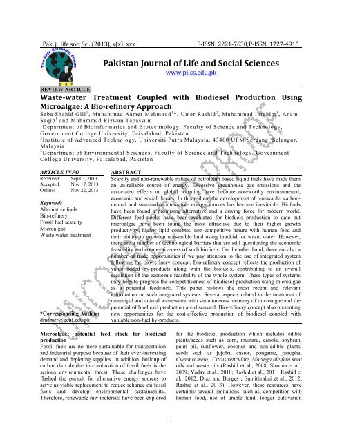 Waste Water Treatment Coupled With Biodiesel Pjlss Edu Pk