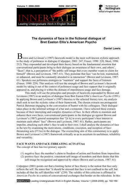 The dynamics of face in the fictional dialogue of Bret Easton Ellis's ...