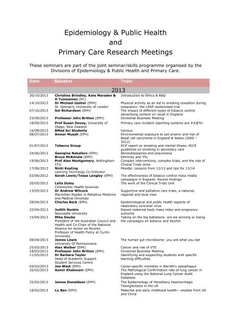 EPH and Primary Care Seminars - University of Nottingham