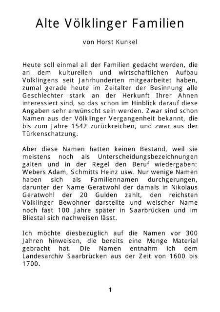 Alte Völklinger Familien 1600 - 1800 - SAAR-AHNEN-KLEIN