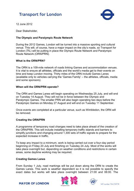 12 June 2012 Dear Stakeholder, The Olympic and ... - Workspace