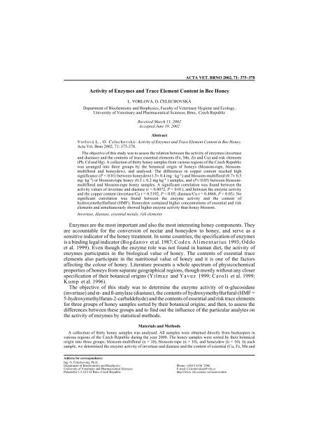 Activity of Enzymes and Trace Element Content in Bee Honey ...