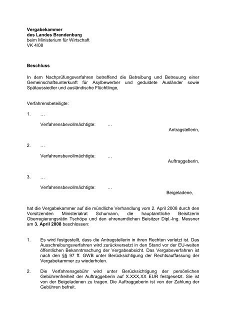 Vergabekammer des Landes Brandenburg beim Ministerium für ...