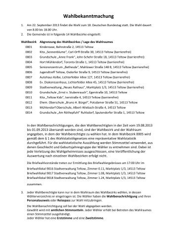 Wahlbekanntmachung zur Bundestagswahl 2013 in Teltow