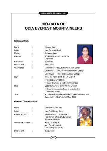 bio-data of odia everest mountaineers - Government of Orissa