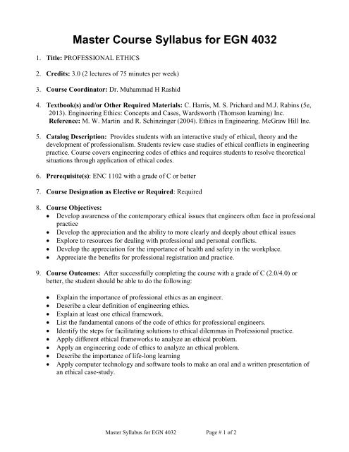 Master Course Syllabus for EGN 4032 - University of West Florida