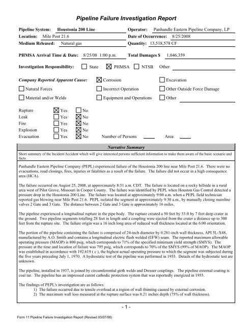 Pipeline Failure Investigation Report - PHMSA - U.S. Department of ...