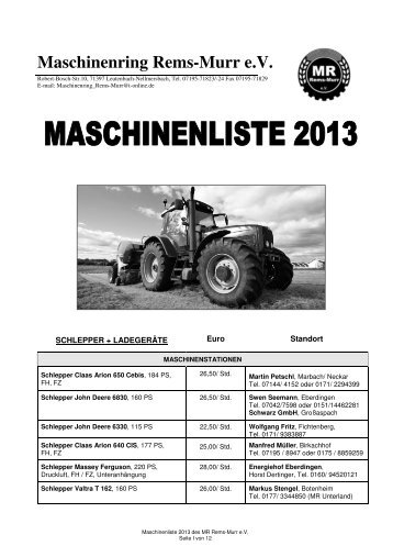 Maschinenliste 2013 - Maschinenring Rems-Murr eV