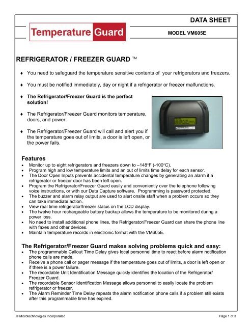 Data Sheet Refrigerator Freezer Guard Tm Temperature Guard