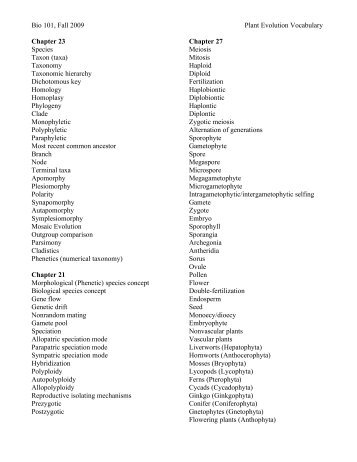 Bio 101, Fall 2009 Plant Evolution Vocabulary Chapter 23 Species ...