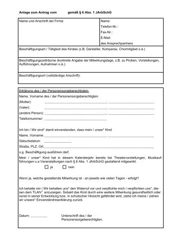 Anlage zum Antrag § 6 Abs. 1 JArbSchG