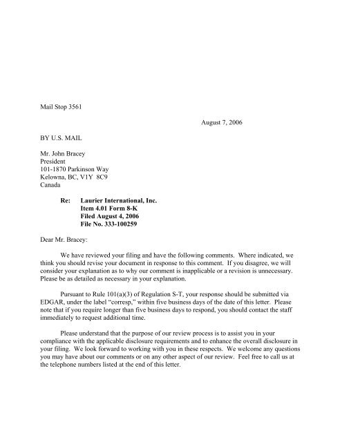 Mail Stop Example Mail Stop 3561 August 7, 2006 BY U.S. MAIL Mr. John Bracey ...