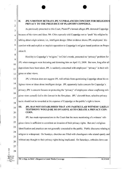 Plaintiff's Opposition to JPL's Request to Limit Media Coverage