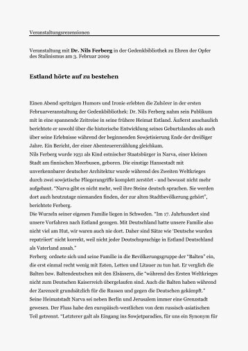 Dr. Nils Ferberg, Estland hörte auf zu bestehen ... - Gedenkbibliothek