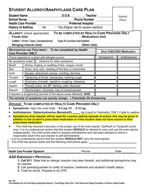 STUDENT ALLERGY/ANAPHYLAXIS CARE PLAN