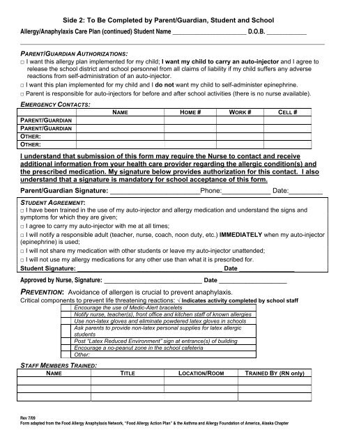 STUDENT ALLERGY/ANAPHYLAXIS CARE PLAN