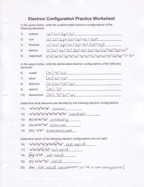 Writing Electron Configuration Worksheet Answers