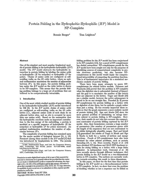 Protein Folding in the Hydrophobic-Hydrophilic (HP) Model is NP ...