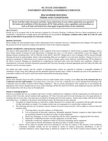 Summer Intern Housing Terms and Conditions (pdf) - North Carolina ...
