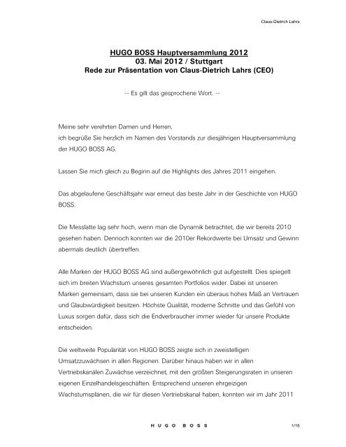 Rede zur Hauptversammlung - HUGO BOSS AG