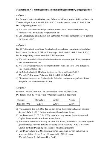 Mathematik * Textaufgaben (Mischungsaufgaben) für ...