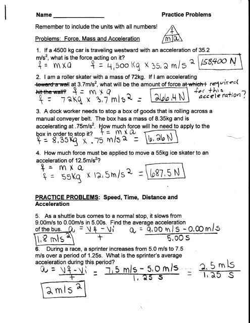 Speed Velocity And Acceleration Practice Problems Worksheet Answers