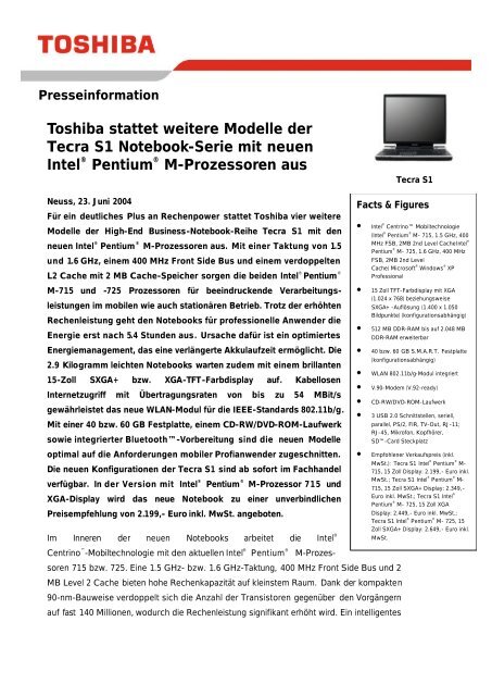 Toshiba stattet weitere Modelle der Tecra S1 Notebook-Serie mit ...